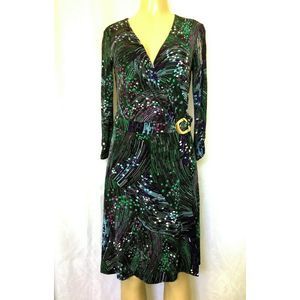 Cache Wrap Dress Purple Teal 3/4 Sleeve V Neck M